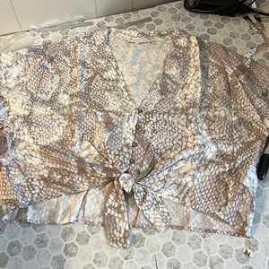 Olivaceous Small White Snake Skin Short Sleeve Cropped Button Up Blouse